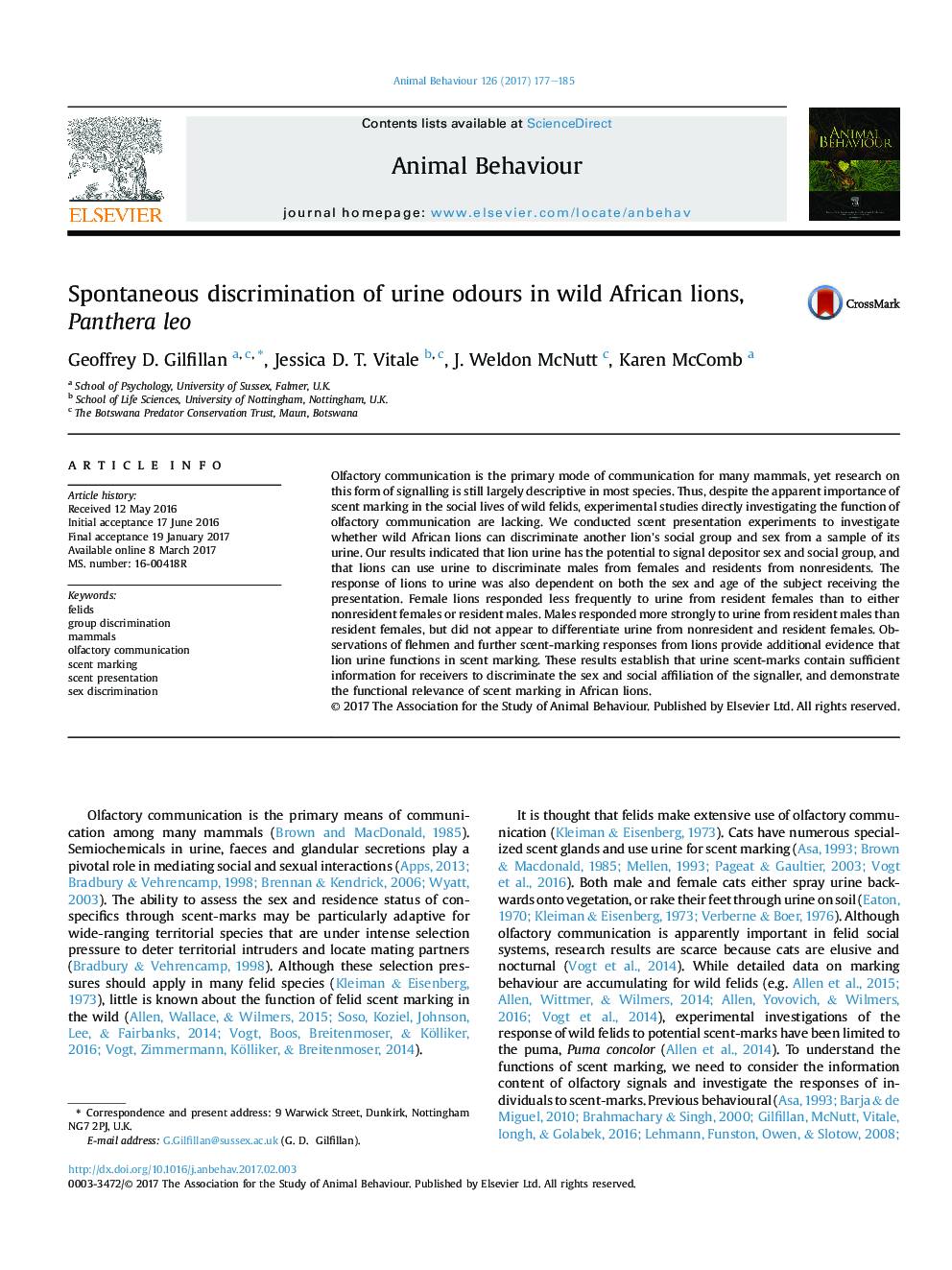 Spontaneous discrimination of urine odours in wild African lions, Panthera leo