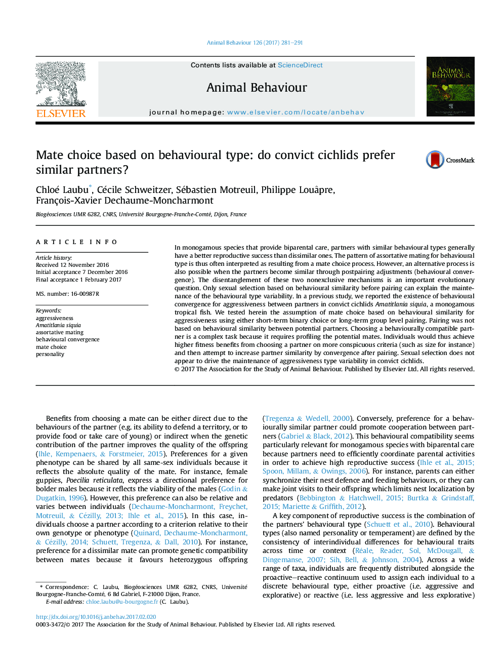 Mate choice based on behavioural type: do convict cichlids prefer similar partners?