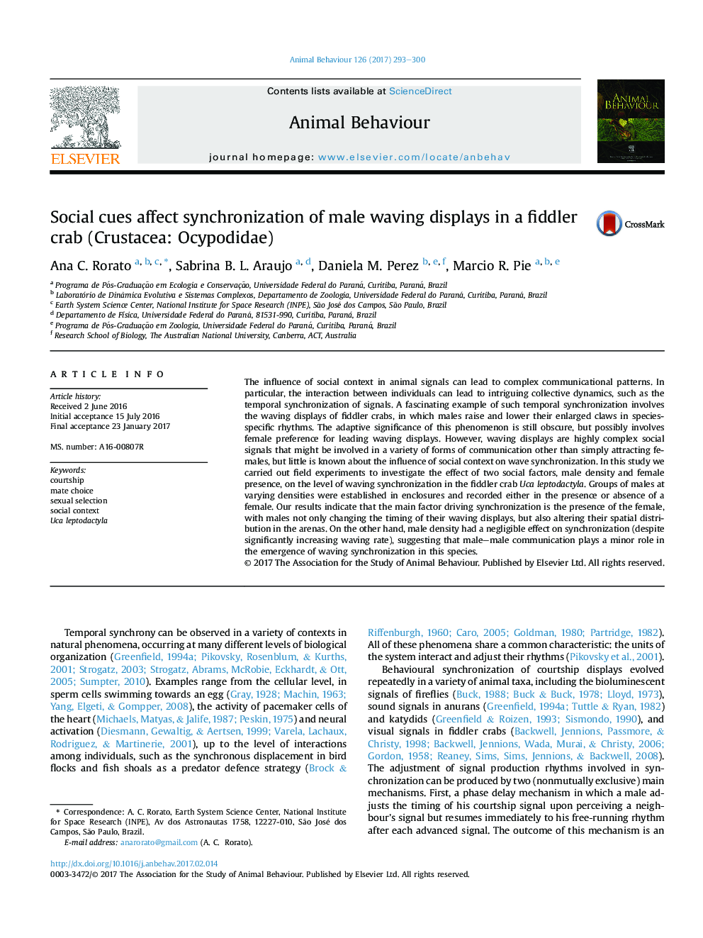 Social cues affect synchronization of male waving displays in a fiddler crab (Crustacea: Ocypodidae)