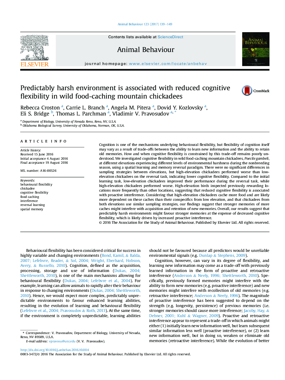 Predictably harsh environment is associated with reduced cognitive flexibility in wild food-caching mountain chickadees