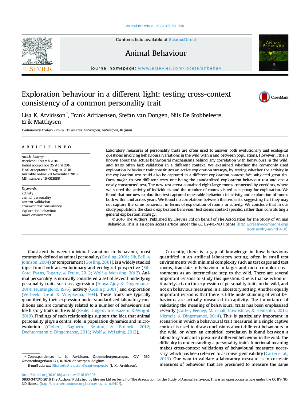 Exploration behaviour in a different light: testing cross-context consistency of a common personality trait