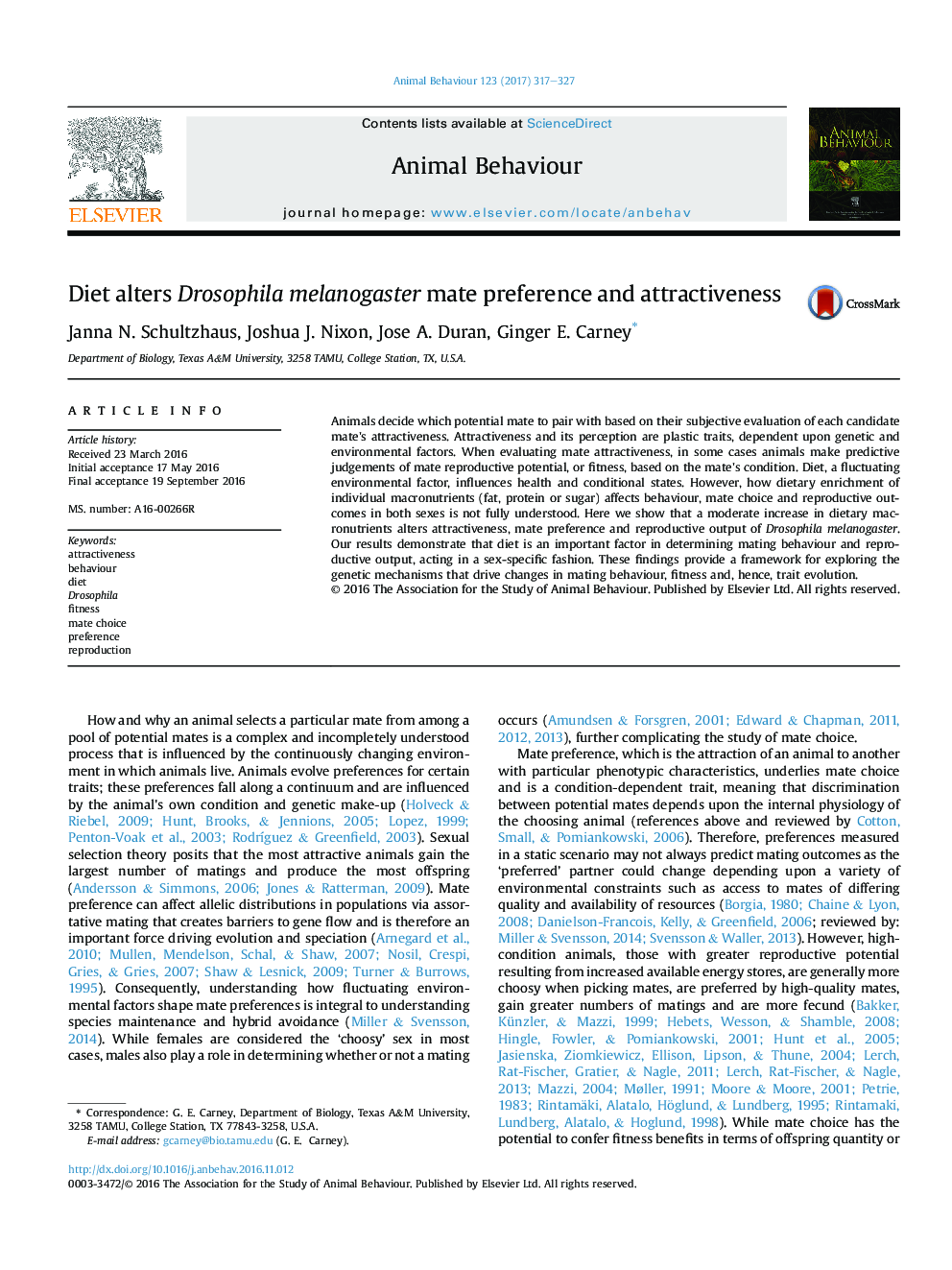 DietÂ alters Drosophila melanogaster mate preference and attractiveness