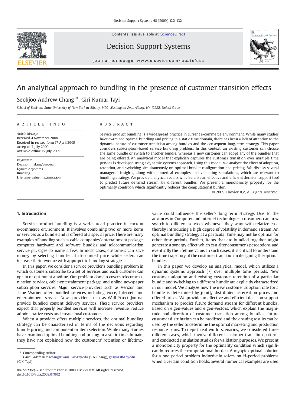 An analytical approach to bundling in the presence of customer transition effects