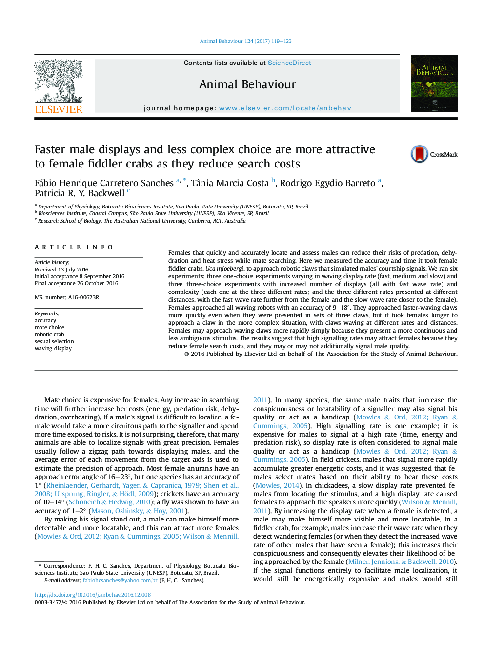 Faster male displays and less complex choice are more attractive to female fiddler crabs as they reduce search costs