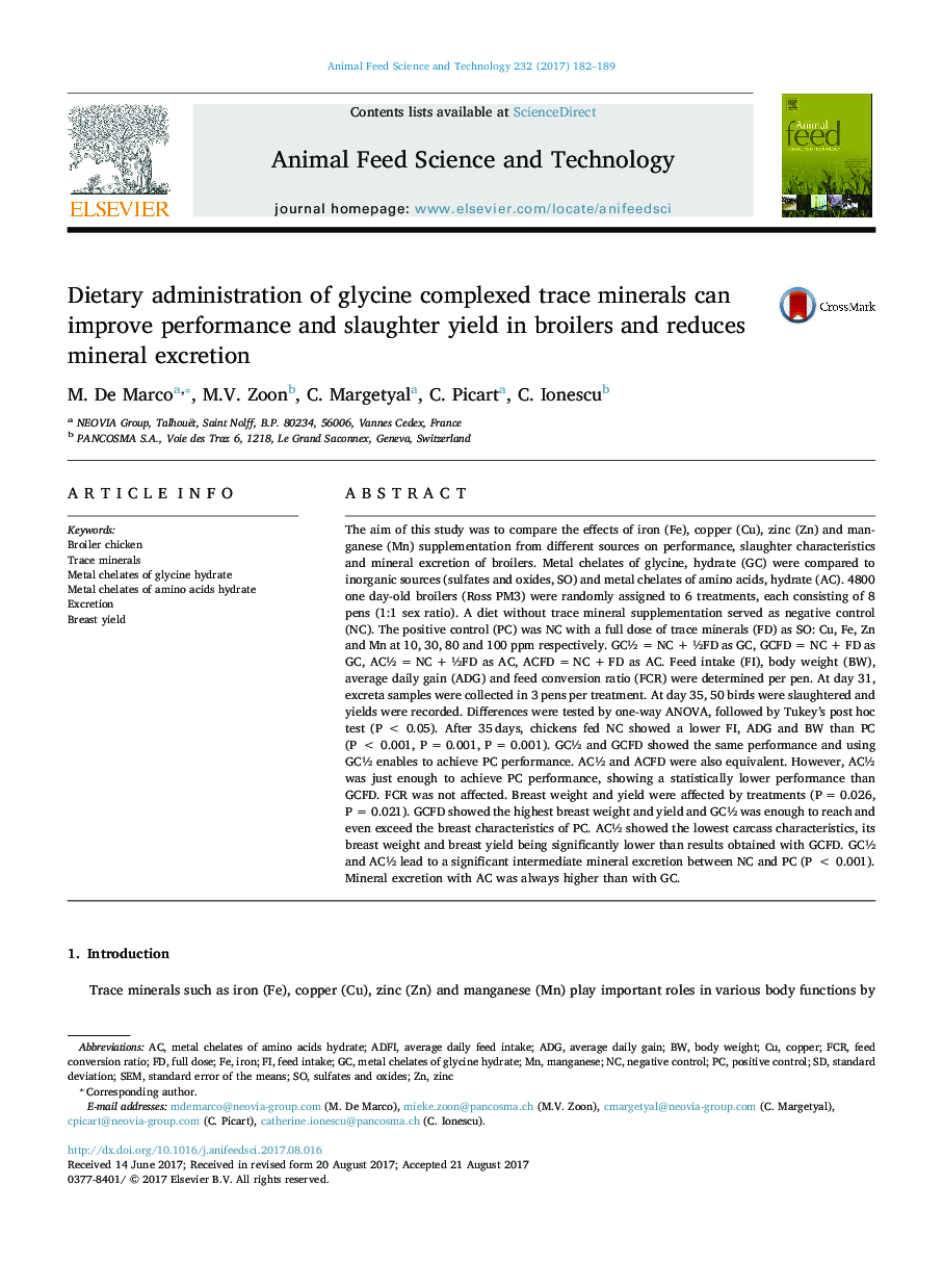 Dietary administration of glycine complexed trace minerals can improve performance and slaughter yield in broilers and reduces mineral excretion