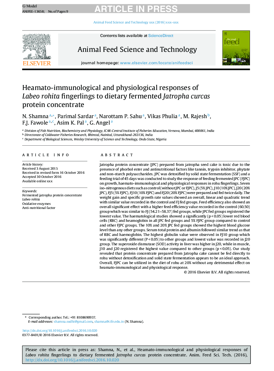 Heamato-immunological and physiological responses of Labeo rohita fingerlings to dietary fermented Jatropha curcas protein concentrate