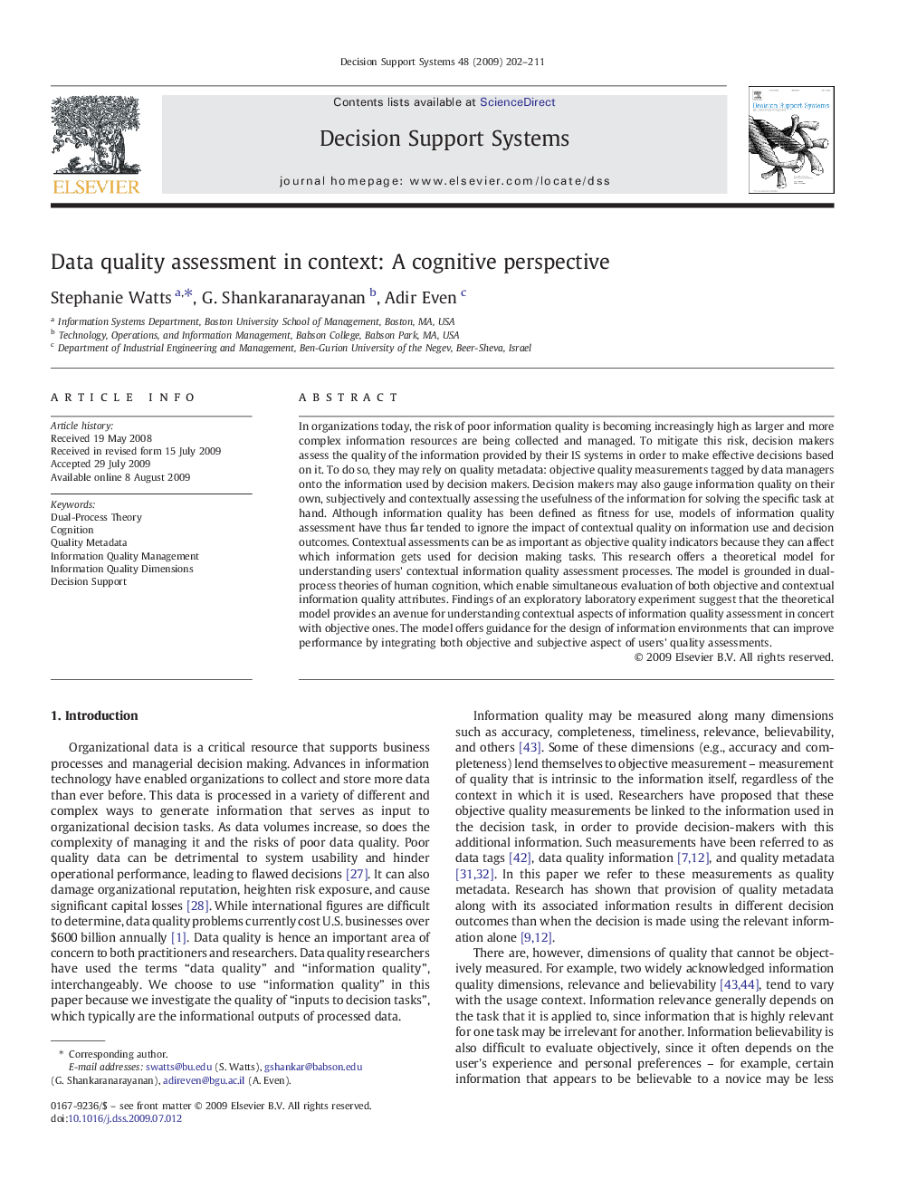 Data quality assessment in context: A cognitive perspective