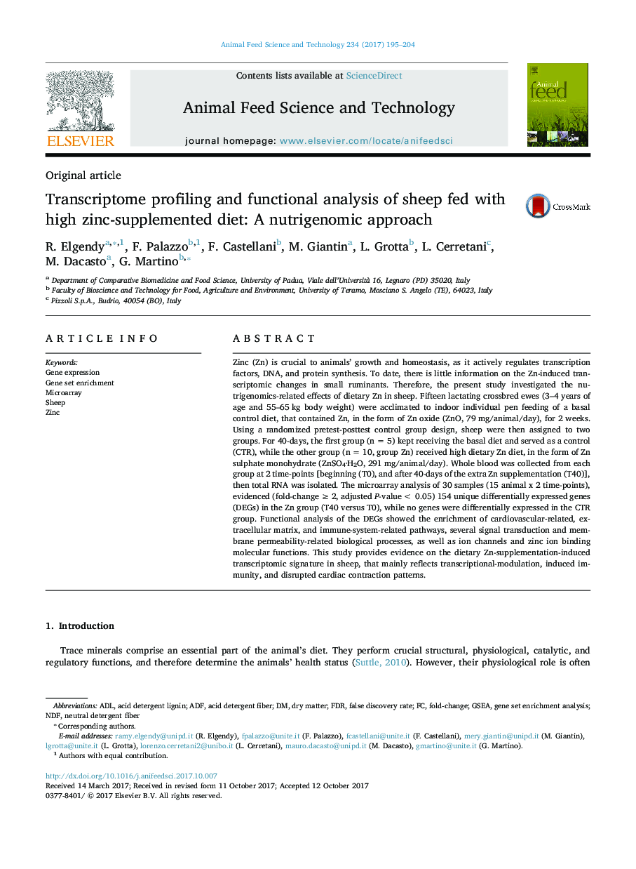 Transcriptome profiling and functional analysis of sheep fed with high zinc-supplemented diet: A nutrigenomic approach