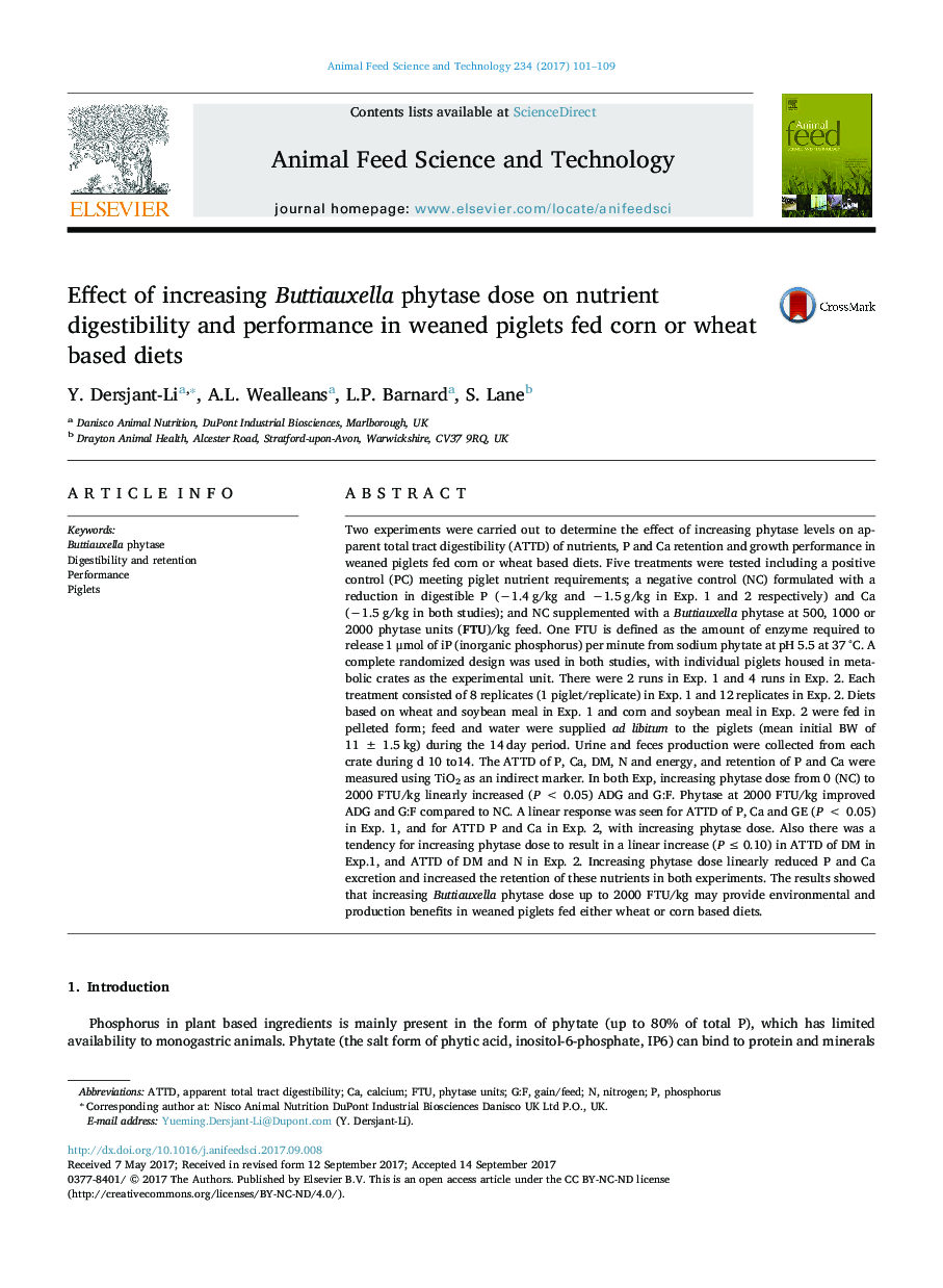 Effect of increasing Buttiauxella phytase dose on nutrient digestibility and performance in weaned piglets fed corn or wheat based diets