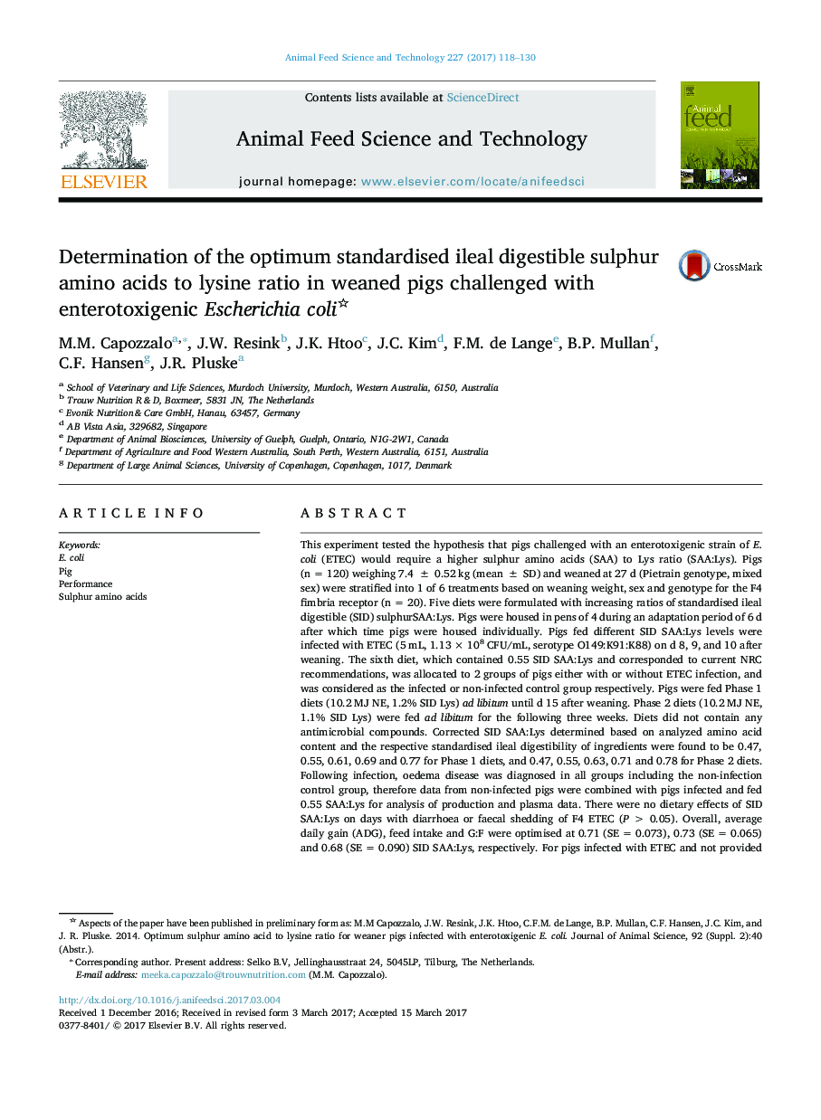 Determination of the optimum standardised ileal digestible sulphur amino acids to lysine ratio in weaned pigs challenged with enterotoxigenic Escherichia coli