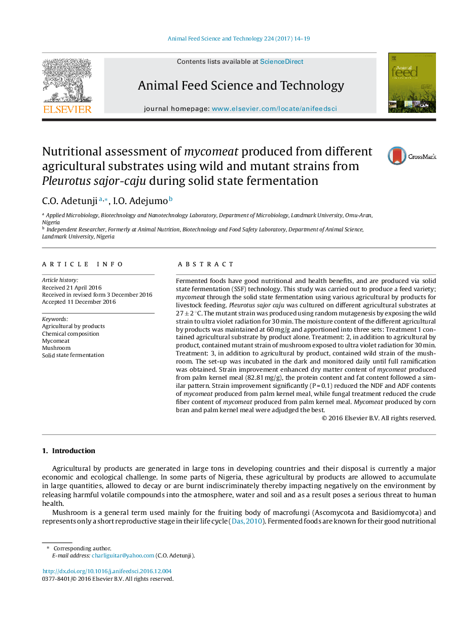 Nutritional assessment of mycomeat produced from different agricultural substrates using wild and mutant strains from Pleurotus sajor-caju during solid state fermentation