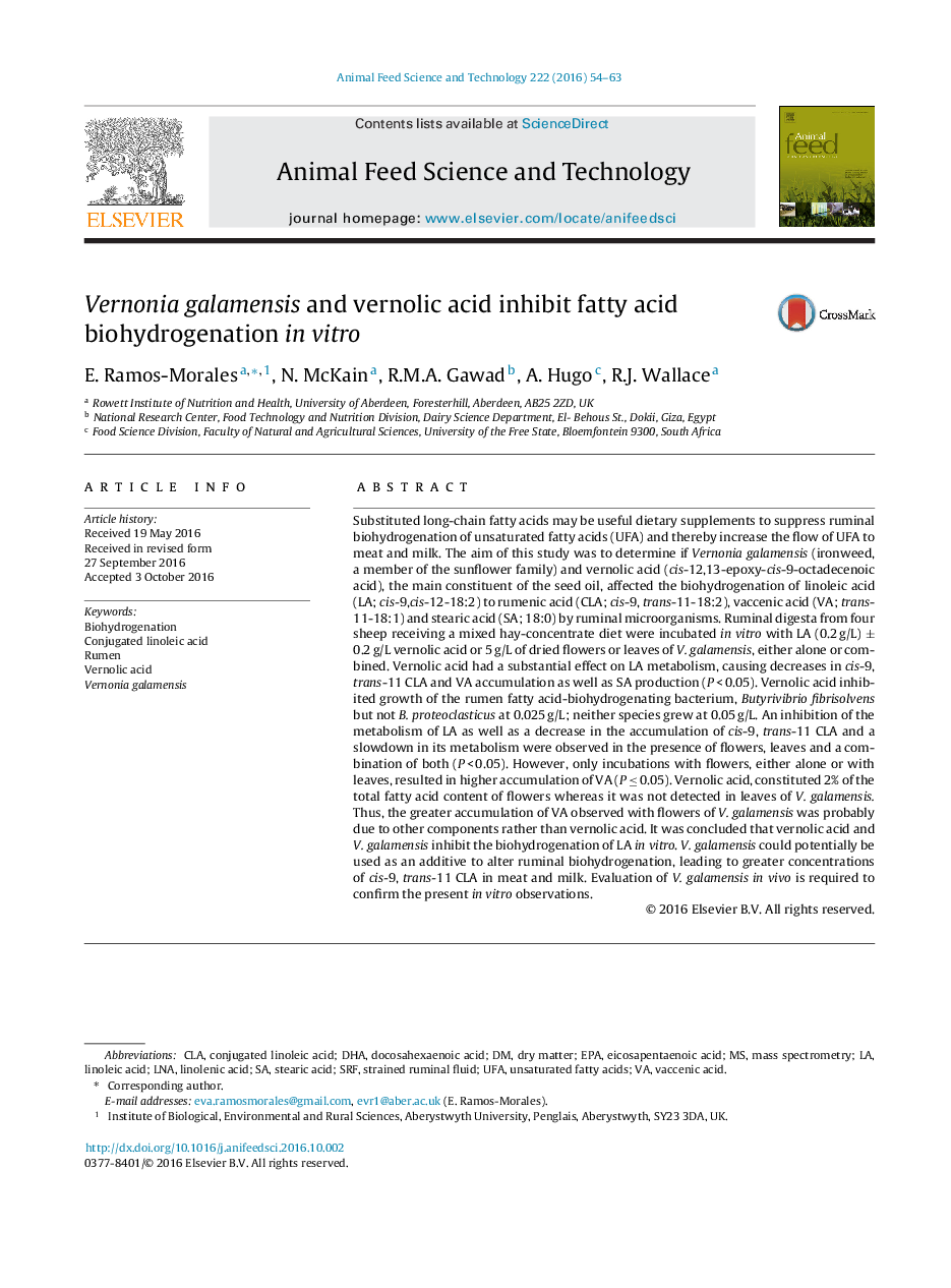 Vernonia galamensis and vernolic acid inhibit fatty acid biohydrogenation in vitro