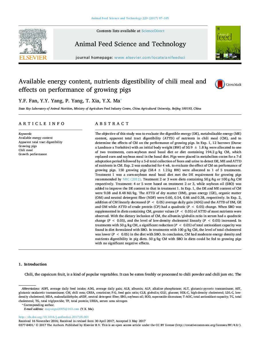 Available energy content, nutrients digestibility of chili meal and effects on performance of growing pigs