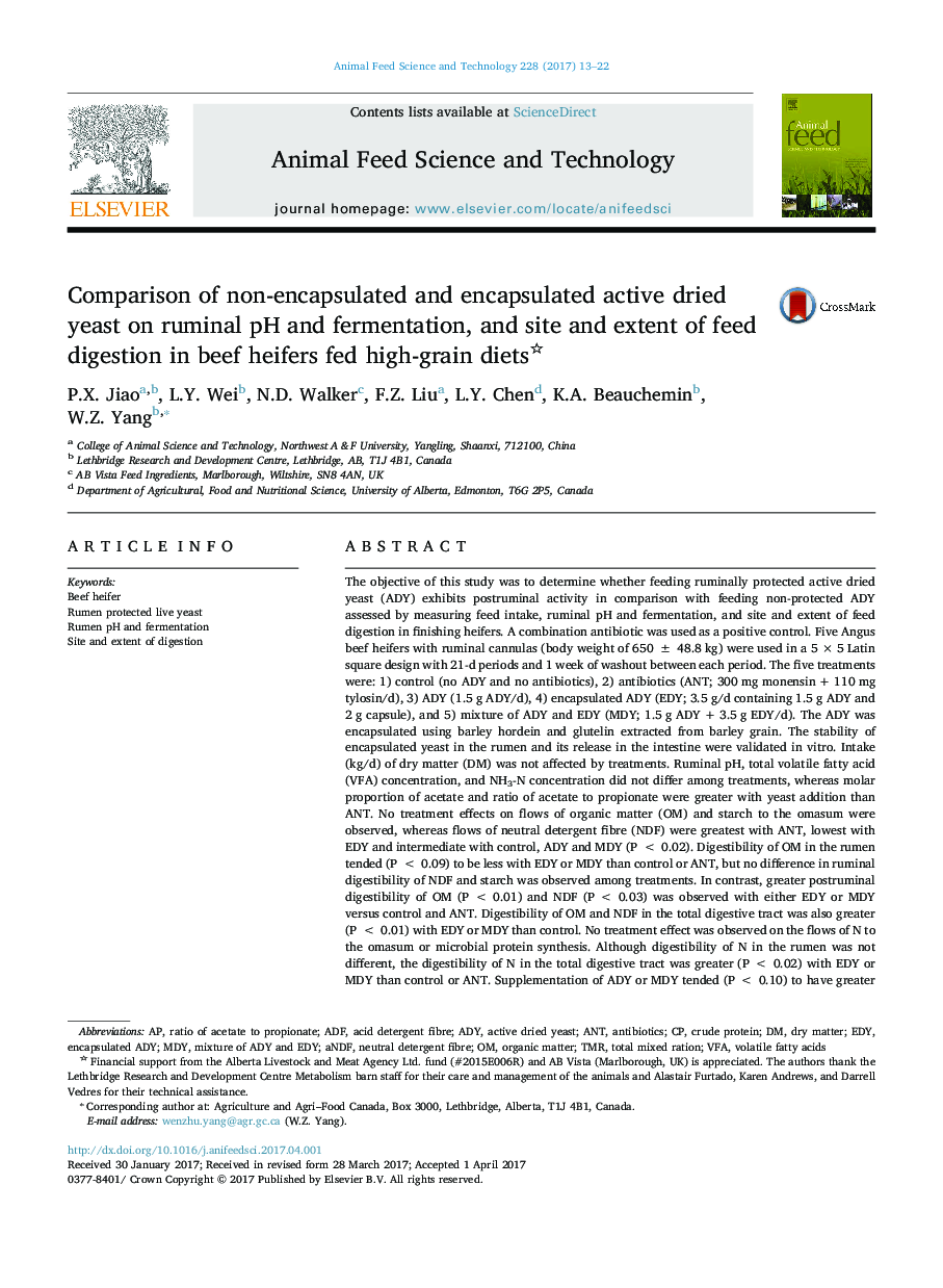 عکس صفحه اول مقاله: Comparison of non-encapsulated and encapsulated active dried yeast on ruminal pH and fermentation, and site and extent of feed digestion in beef heifers fed high-grain diets Comparison of non-encapsulated and encapsulated active dried yeast on ruminal pH and fermentation, and site and extent of feed digestion in beef heifers fed high-grain diets