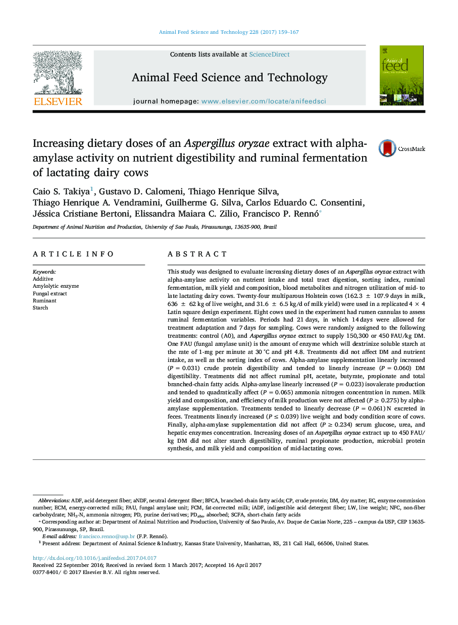 Increasing dietary doses of an Aspergillus oryzae extract with alpha-amylase activity on nutrient digestibility and ruminal fermentation of lactating dairy cows