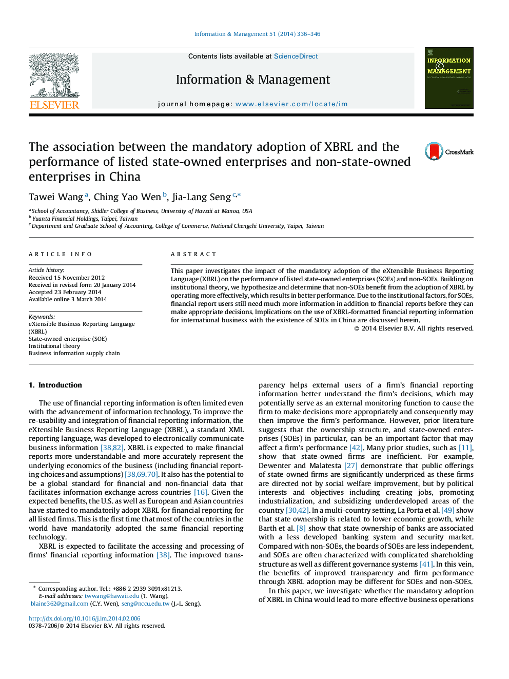 The association between the mandatory adoption of XBRL and the performance of listed state-owned enterprises and non-state-owned enterprises in China