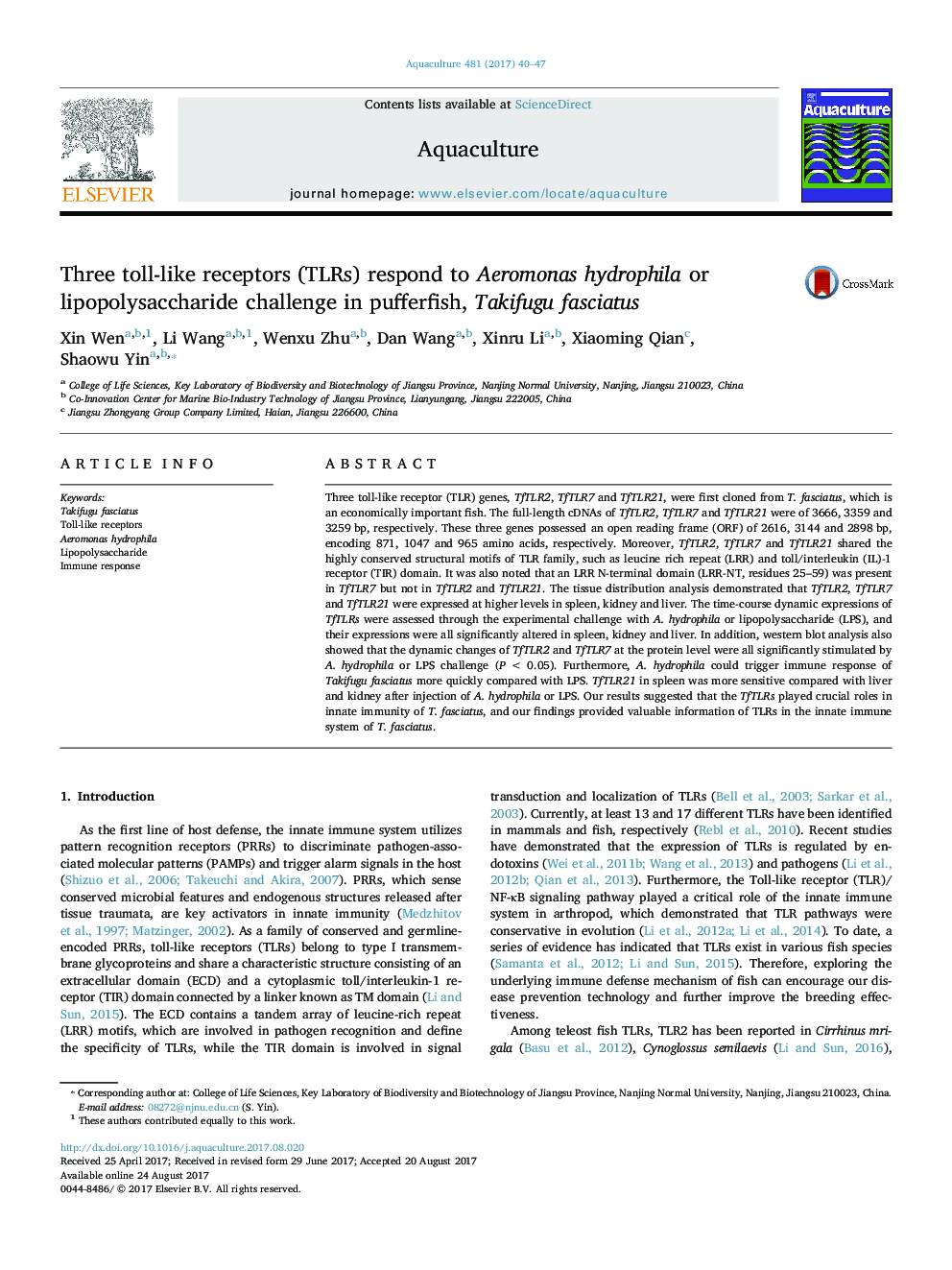 Three toll-like receptors (TLRs) respond to Aeromonas hydrophila or lipopolysaccharide challenge in pufferfish, Takifugu fasciatus