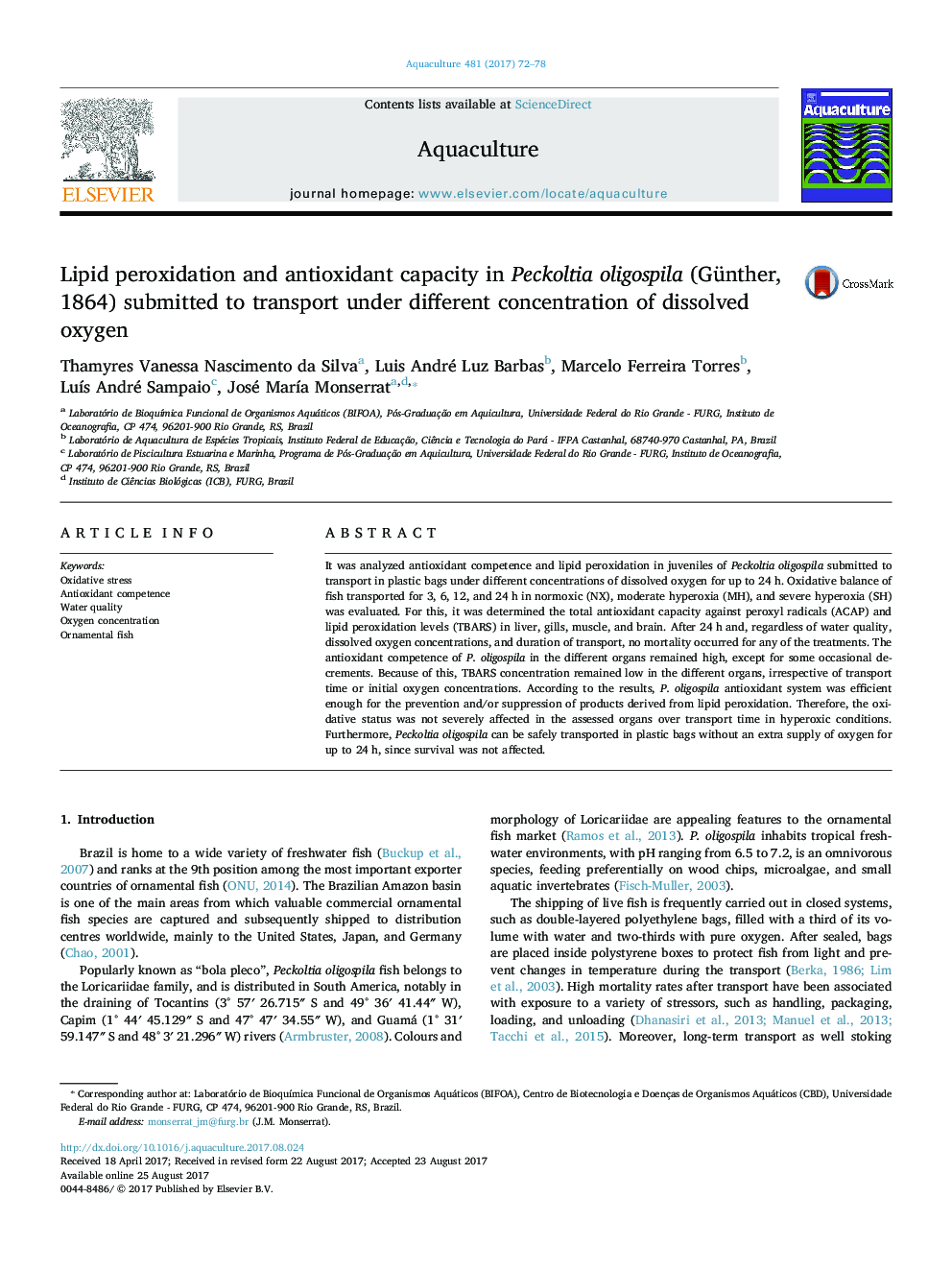 Lipid peroxidation and antioxidant capacity in Peckoltia oligospila (Günther, 1864) submitted to transport under different concentration of dissolved oxygen