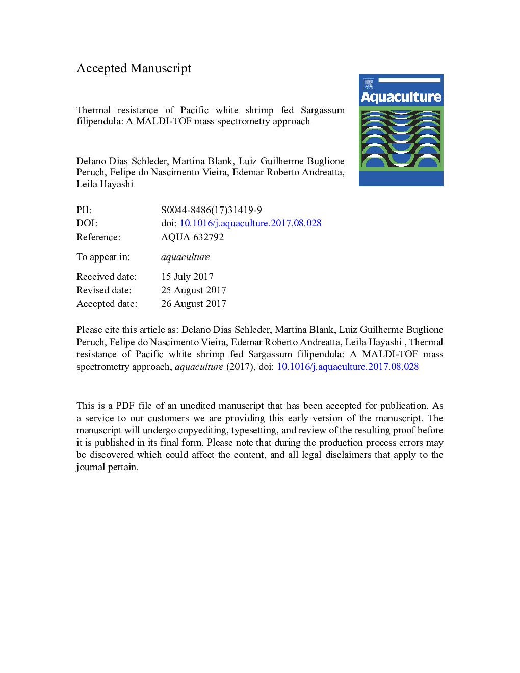 Thermal resistance of Pacific white shrimp fed Sargassum filipendula: A MALDI-TOF mass spectrometry approach