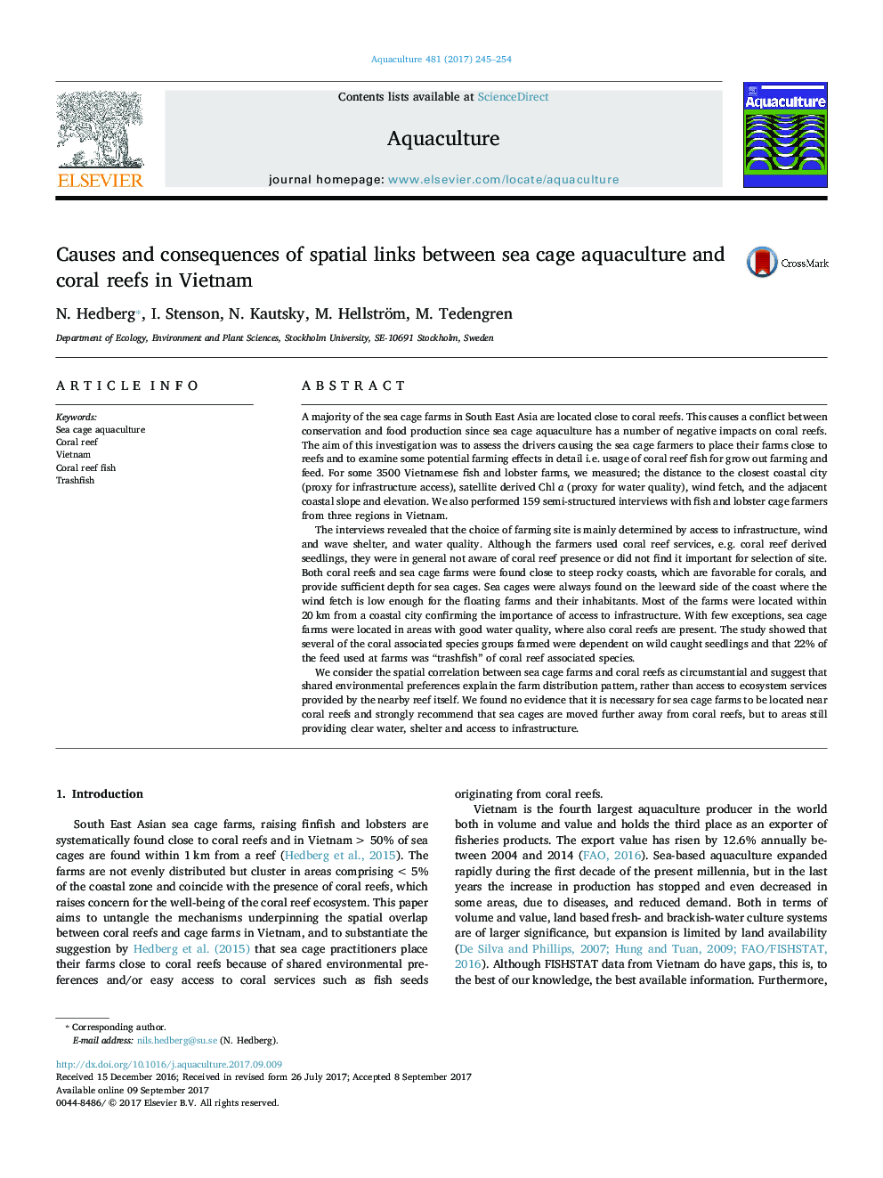 Causes and consequences of spatial links between sea cage aquaculture and coral reefs in Vietnam