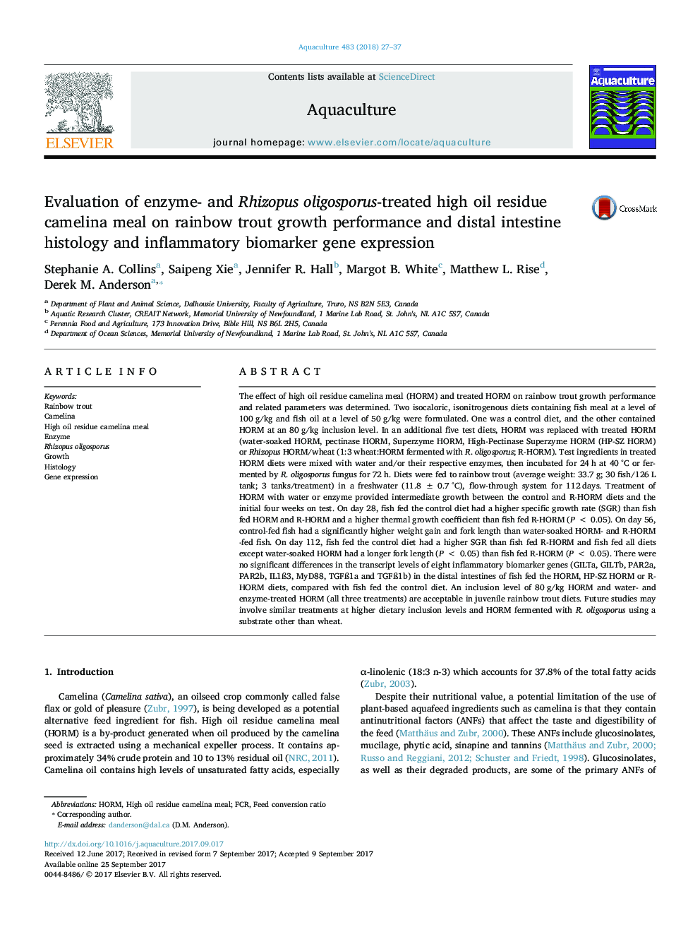 Evaluation of enzyme- and Rhizopus oligosporus-treated high oil residue camelina meal on rainbow trout growth performance and distal intestine histology and inflammatory biomarker gene expression