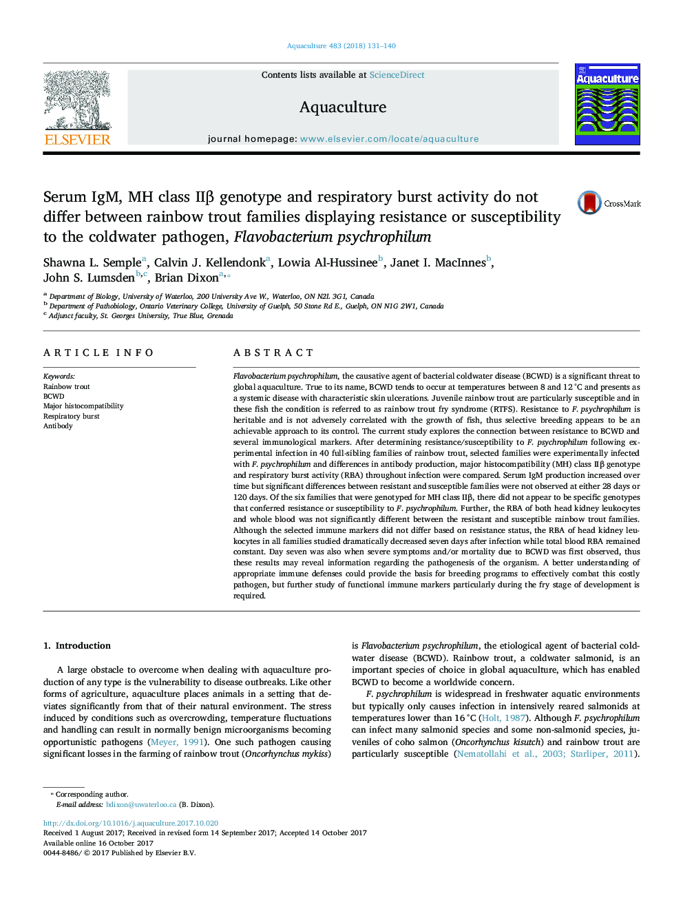 Serum IgM, MH class IIÎ² genotype and respiratory burst activity do not differ between rainbow trout families displaying resistance or susceptibility to the coldwater pathogen, Flavobacterium psychrophilum