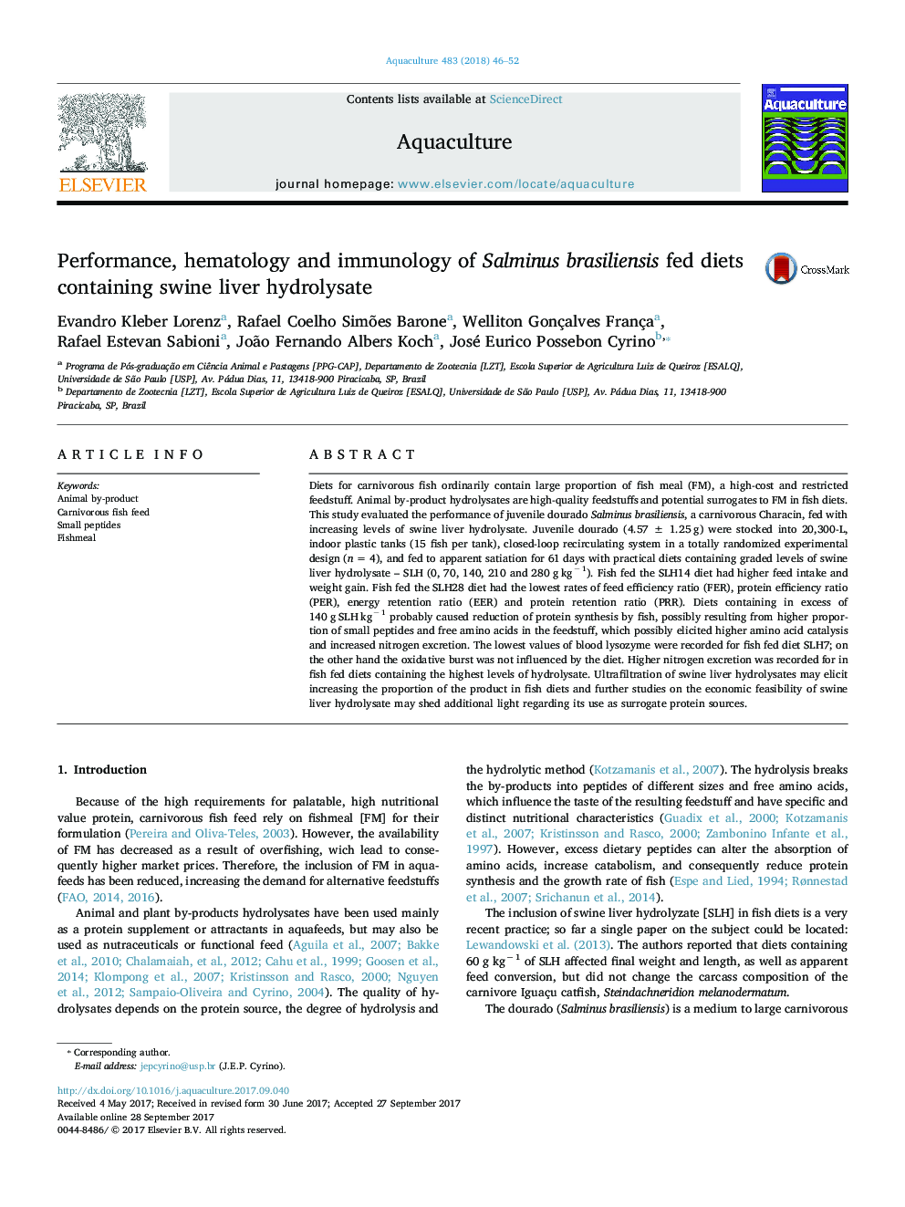 Performance, hematology and immunology of Salminus brasiliensis fed diets containing swine liver hydrolysate