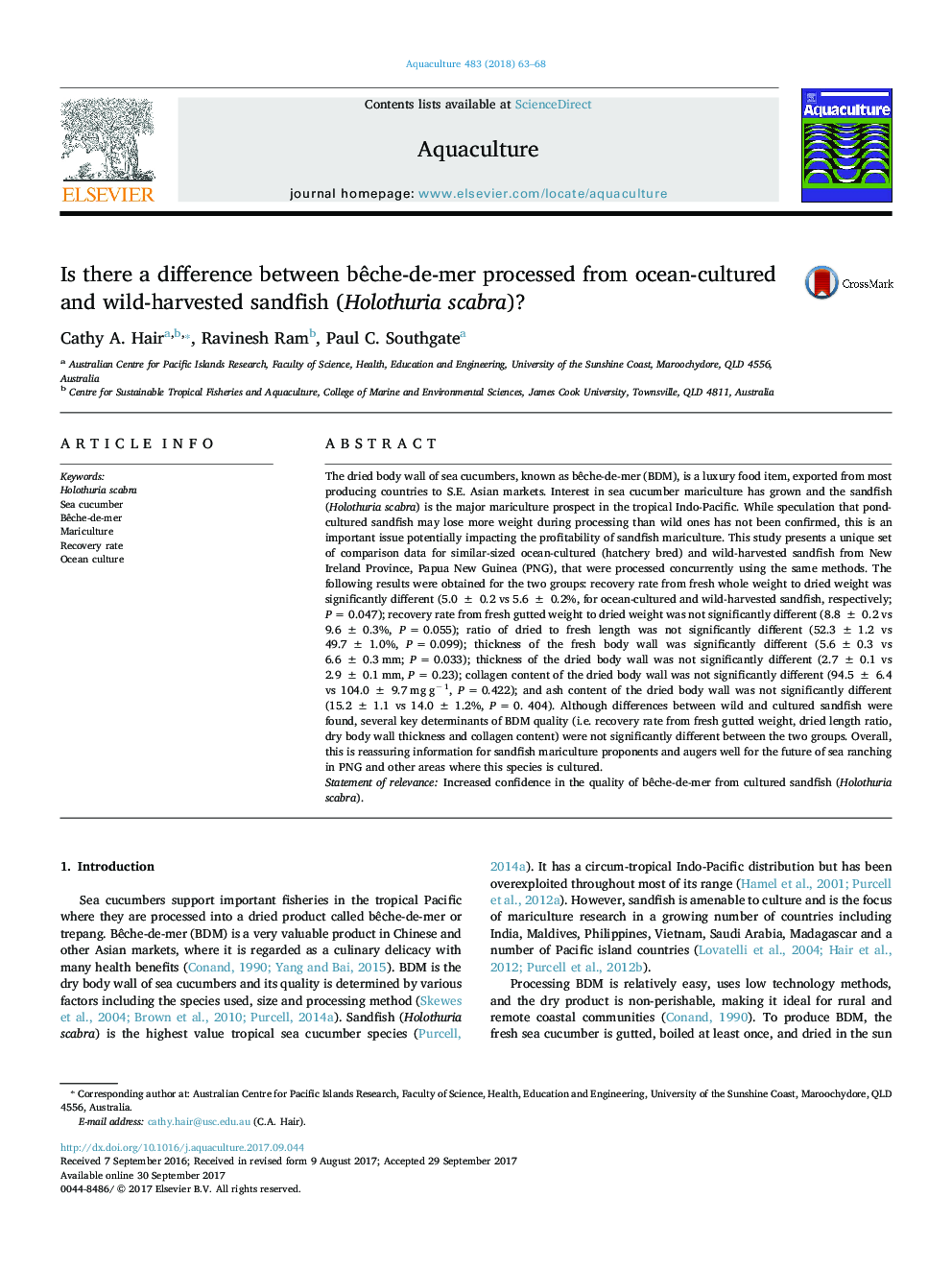 Is there a difference between bÃªche-de-mer processed from ocean-cultured and wild-harvested sandfish (Holothuria scabra)?