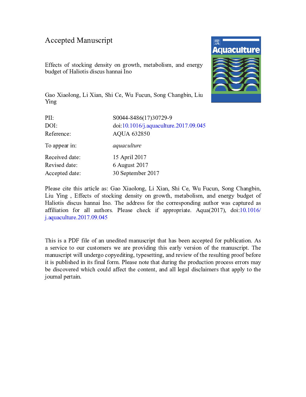 Effects of stocking density on growth, metabolism, and energy budget of Haliotis discus hannai Ino