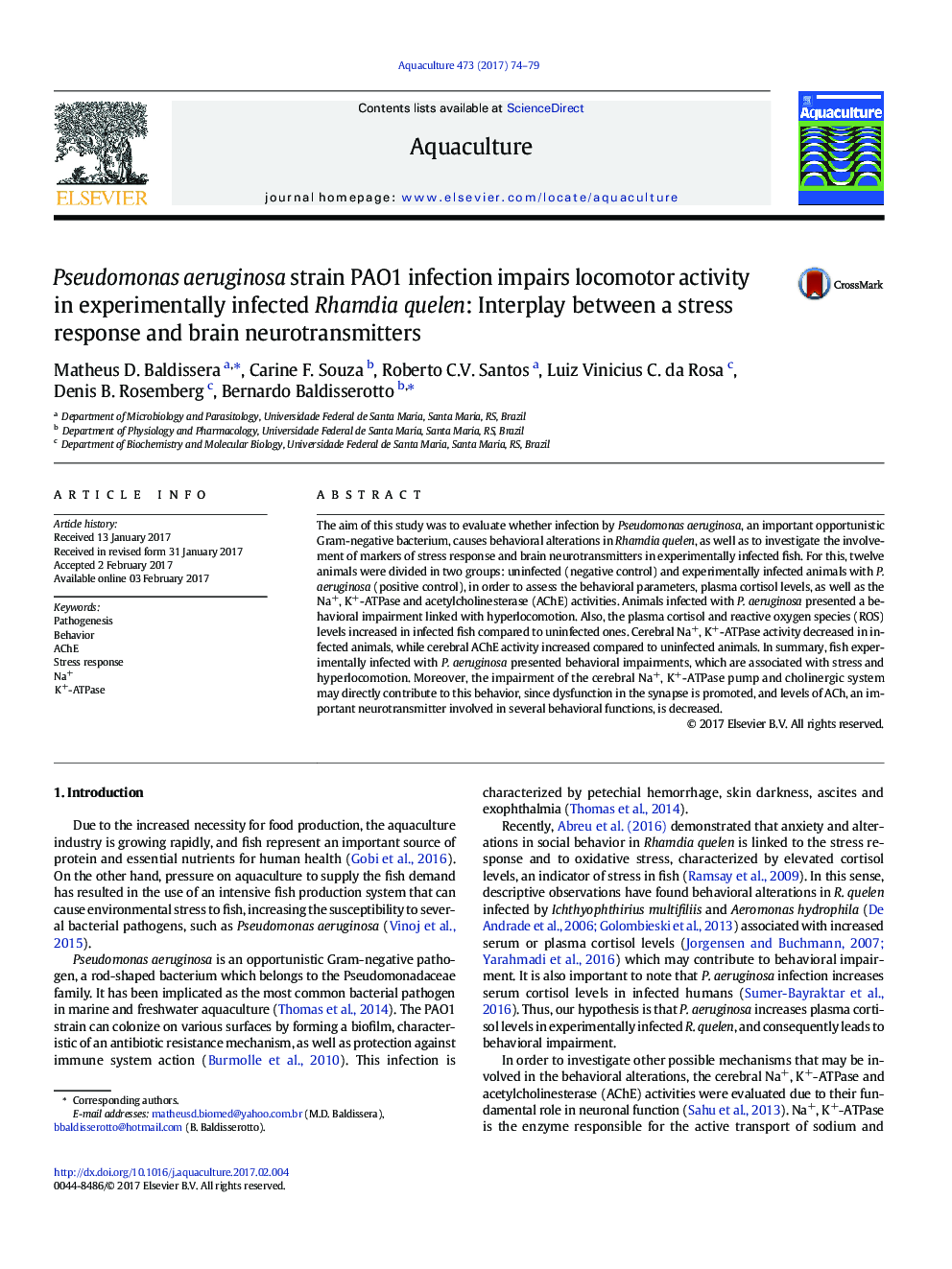 Pseudomonas aeruginosa strain PAO1 infection impairs locomotor activity in experimentally infected Rhamdia quelen: Interplay between a stress response and brain neurotransmitters