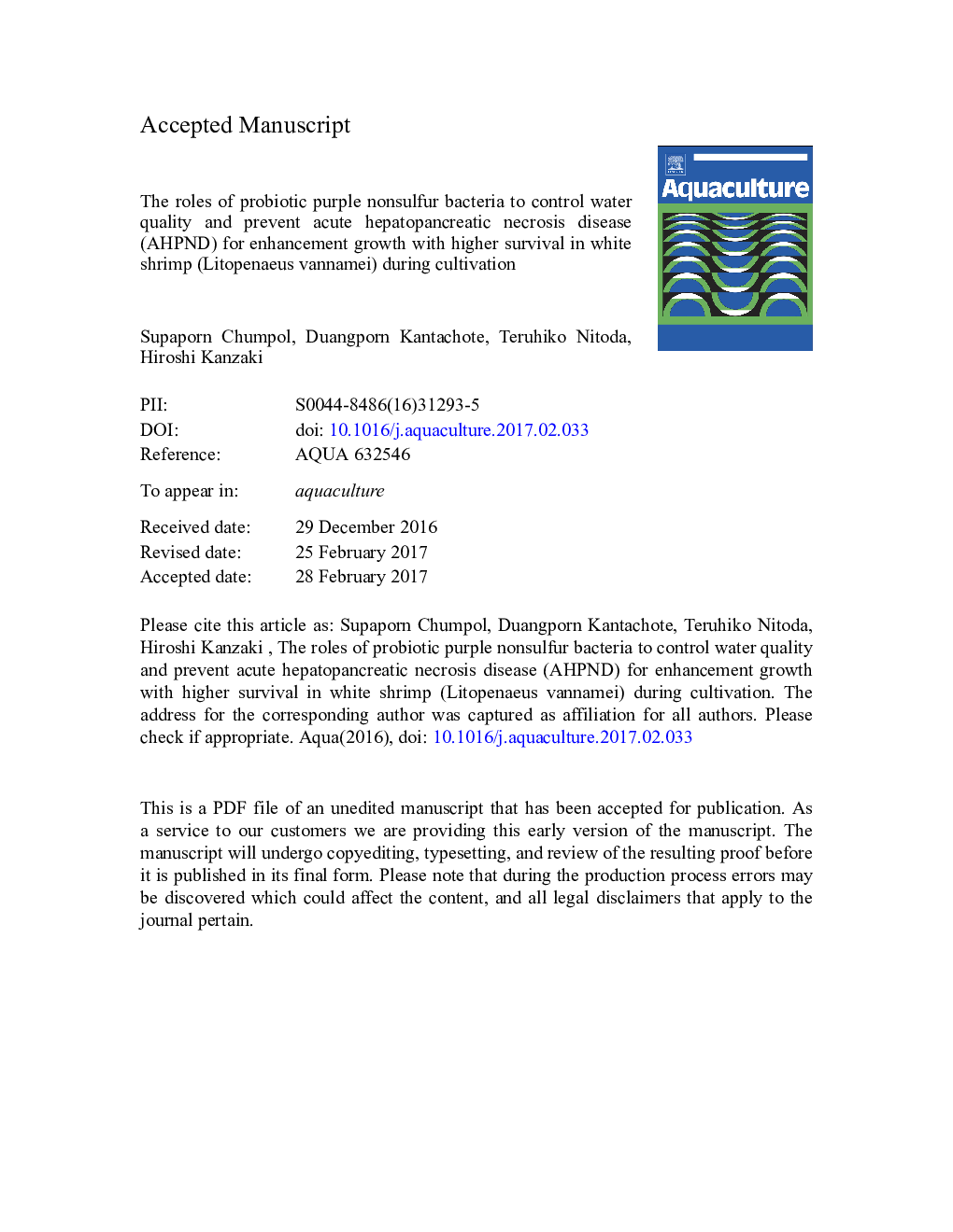 The roles of probiotic purple nonsulfur bacteria to control water quality and prevent acute hepatopancreatic necrosis disease (AHPND) for enhancement growth with higher survival in white shrimp (Litopenaeus vannamei) during cultivation