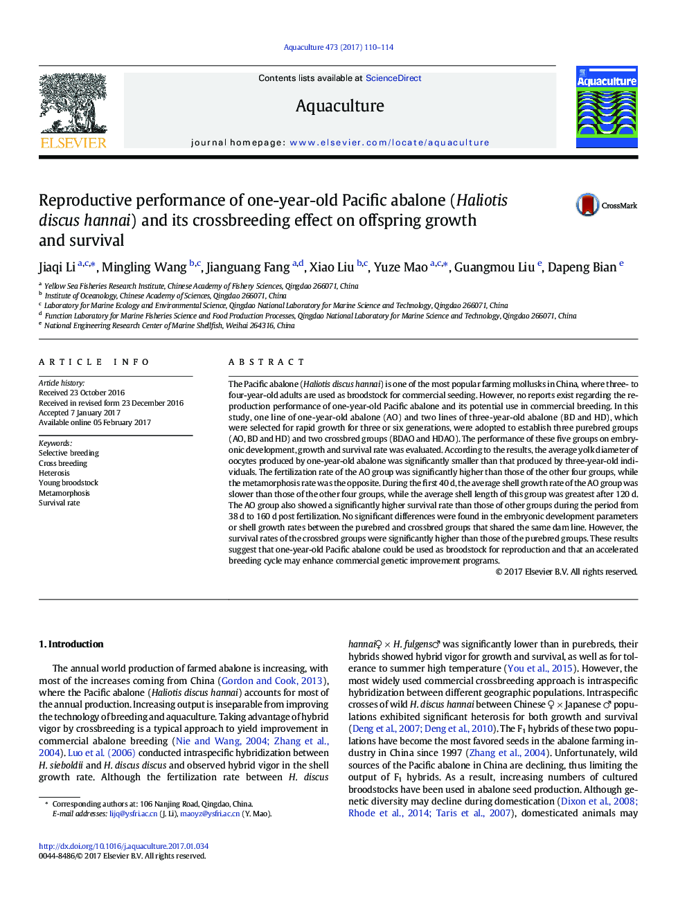 Reproductive performance of one-year-old Pacific abalone (Haliotis discus hannai) and its crossbreeding effect on offspring growth and survival