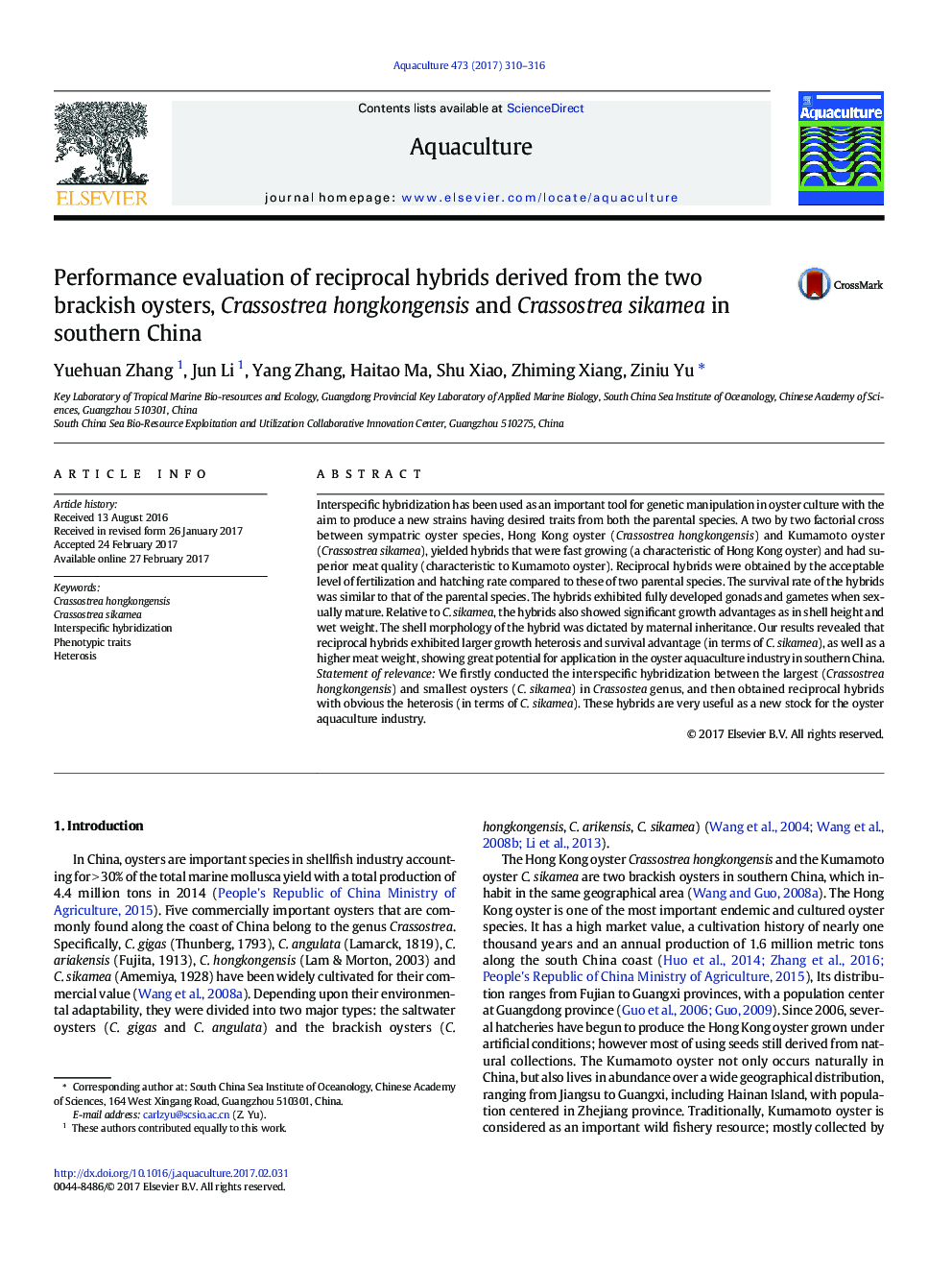 Performance evaluation of reciprocal hybrids derived from the two brackish oysters, Crassostrea hongkongensis and Crassostrea sikamea in southern China