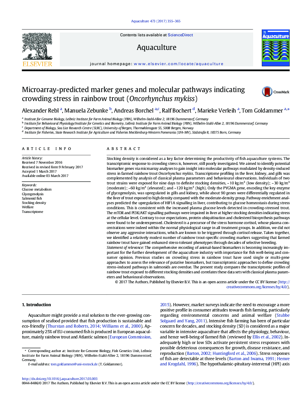 Microarray-predicted marker genes and molecular pathways indicating crowding stress in rainbow trout (Oncorhynchus mykiss)