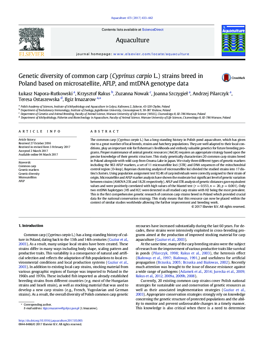 Genetic diversity of common carp (Cyprinus carpio L.) strains breed in Poland based on microsatellite, AFLP, and mtDNA genotype data