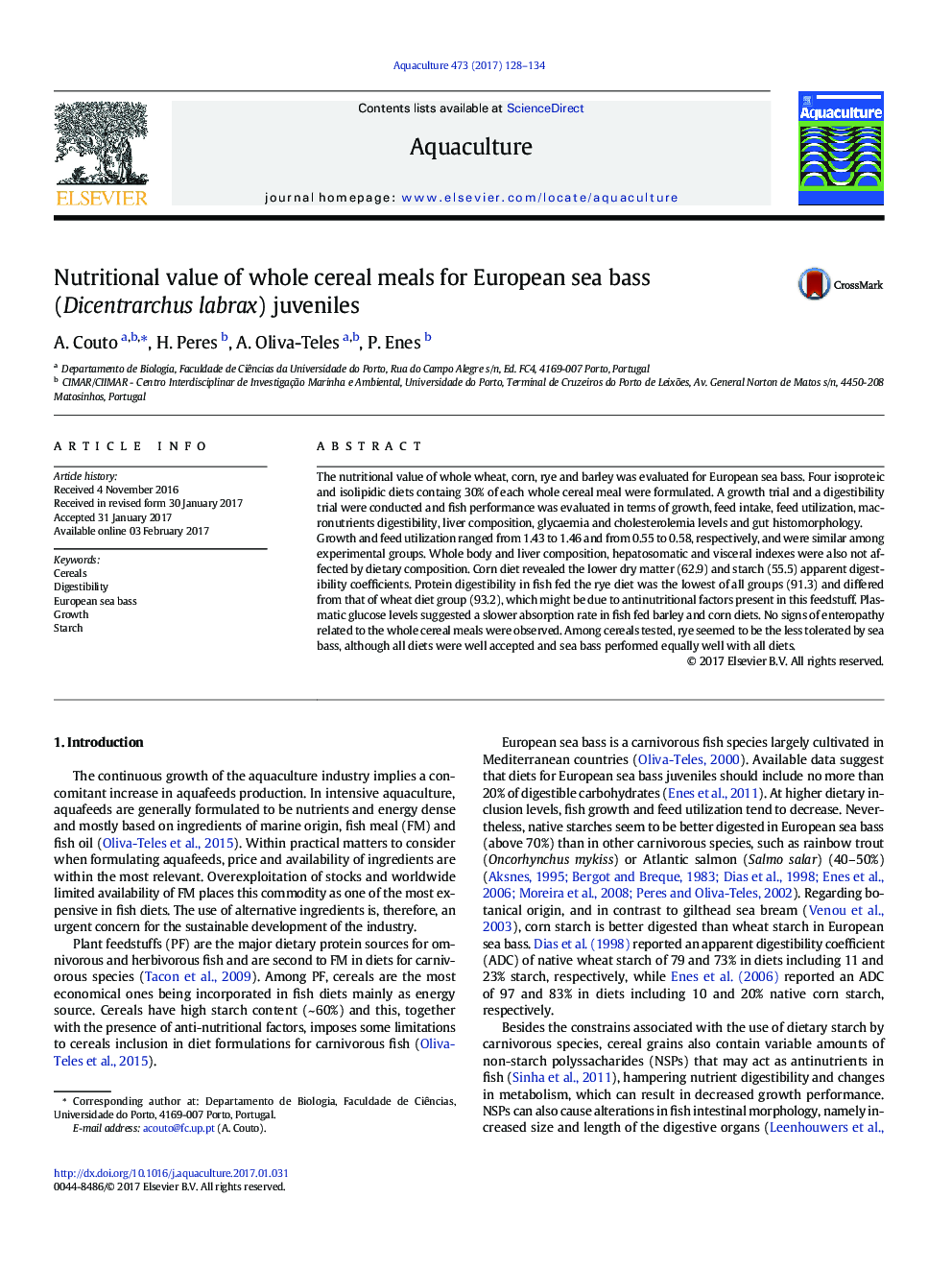 Nutritional value of whole cereal meals for European sea bass (Dicentrarchus labrax) juveniles