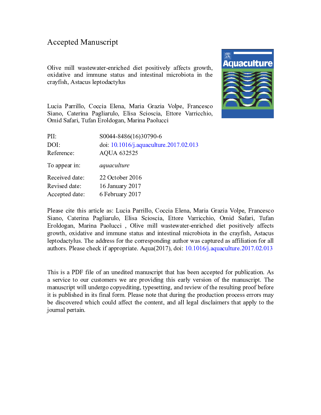 Olive mill wastewater-enriched diet positively affects growth, oxidative and immune status and intestinal microbiota in the crayfish, Astacus leptodactylus