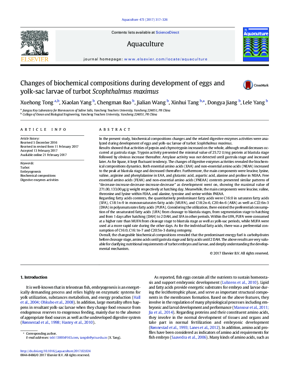 Changes of biochemical compositions during development of eggs and yolk-sac larvae of turbot Scophthalmus maximus