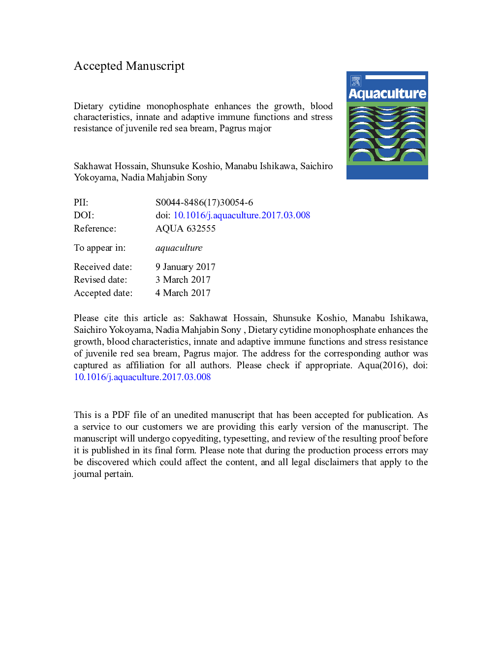 Dietary cytidine monophosphate enhances the growth, blood characteristics, innate and adaptive immune functions and stress resistance of juvenile red sea bream, Pagrus major