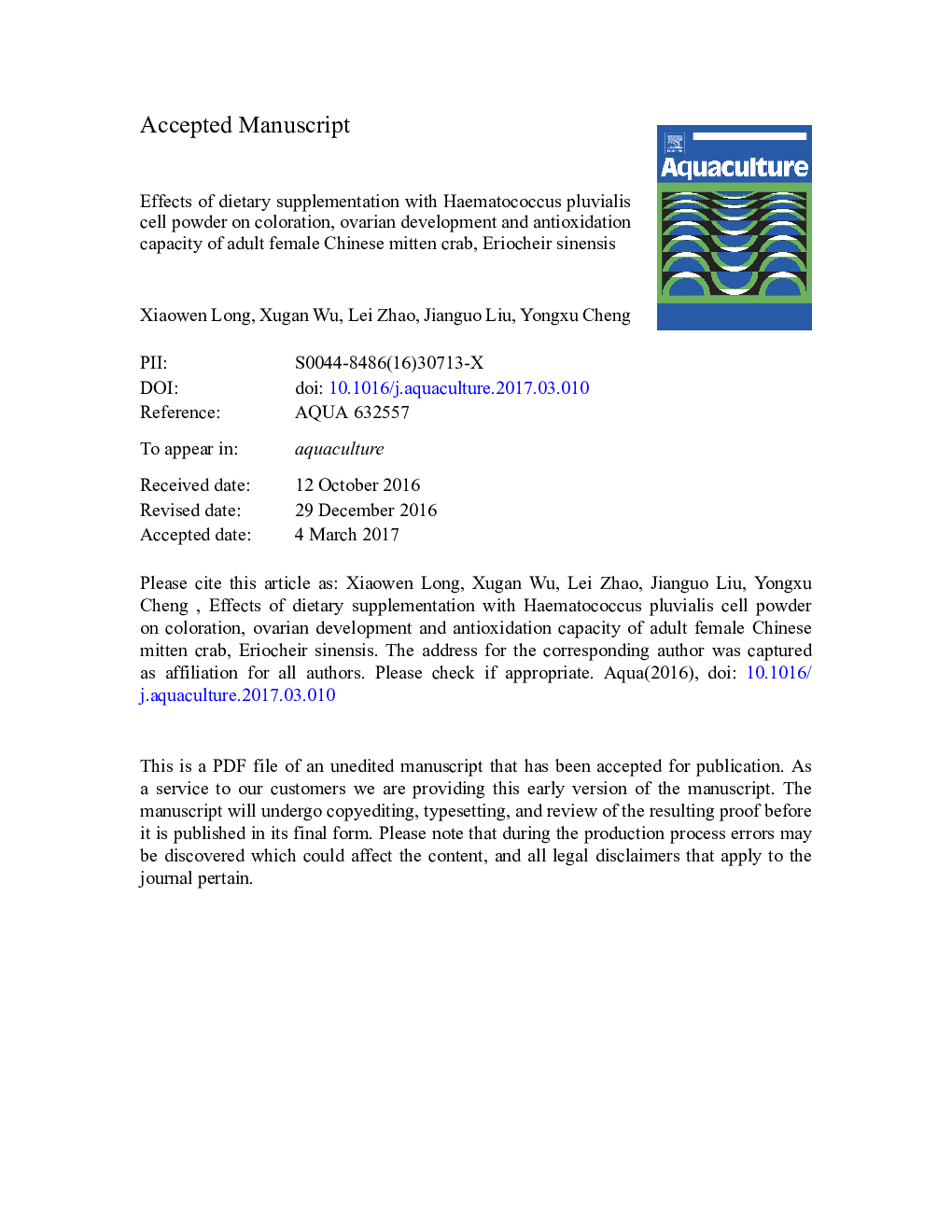 عکس صفحه اول مقاله: Effects of dietary supplementation with Haematococcus pluvialis cell powder on coloration, ovarian development and antioxidation capacity of adult female Chinese mitten crab, Eriocheir sinensis Effects of dietary supplementation with Haematococcus pluvialis cell powder on coloration, ovarian development and antioxidation capacity of adult female Chinese mitten crab, Eriocheir sinensis