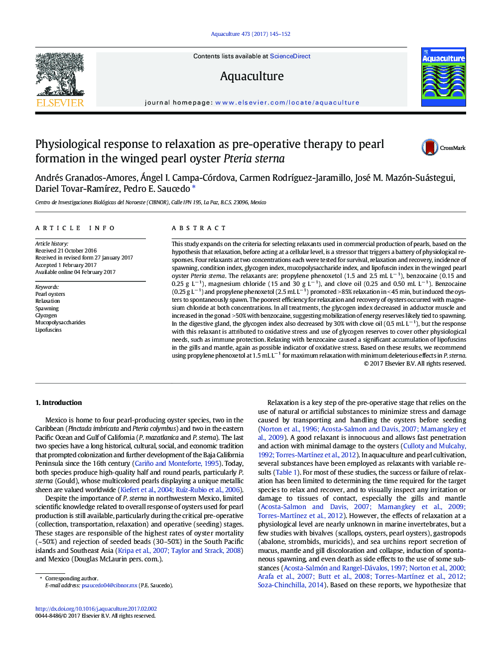 عکس صفحه اول مقاله: Physiological response to relaxation as pre-operative therapy to pearl formation in the winged pearl oyster Pteria sterna Physiological response to relaxation as pre-operative therapy to pearl formation in the winged pearl oyster Pteria sterna
