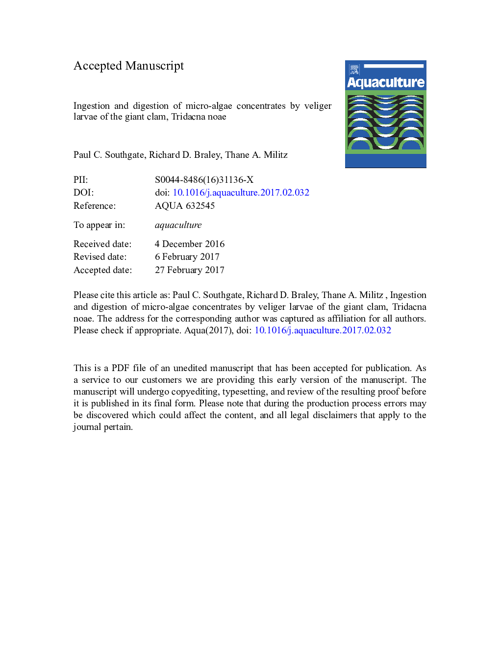 Ingestion and digestion of micro-algae concentrates by veliger larvae of the giant clam, Tridacna noae