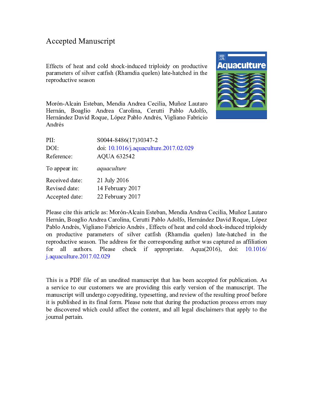 Effects of heat and cold shock-induced triploidy on productive parameters of silver catfish (Rhamdia quelen) late-hatched in the reproductive season