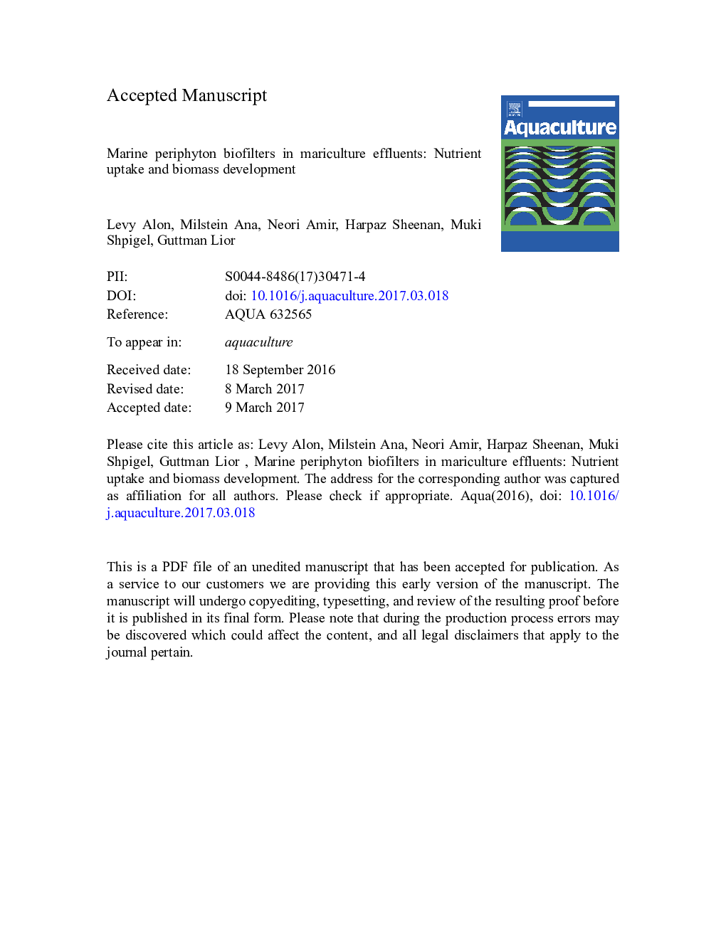 Marine periphyton biofilters in mariculture effluents: Nutrient uptake and biomass development
