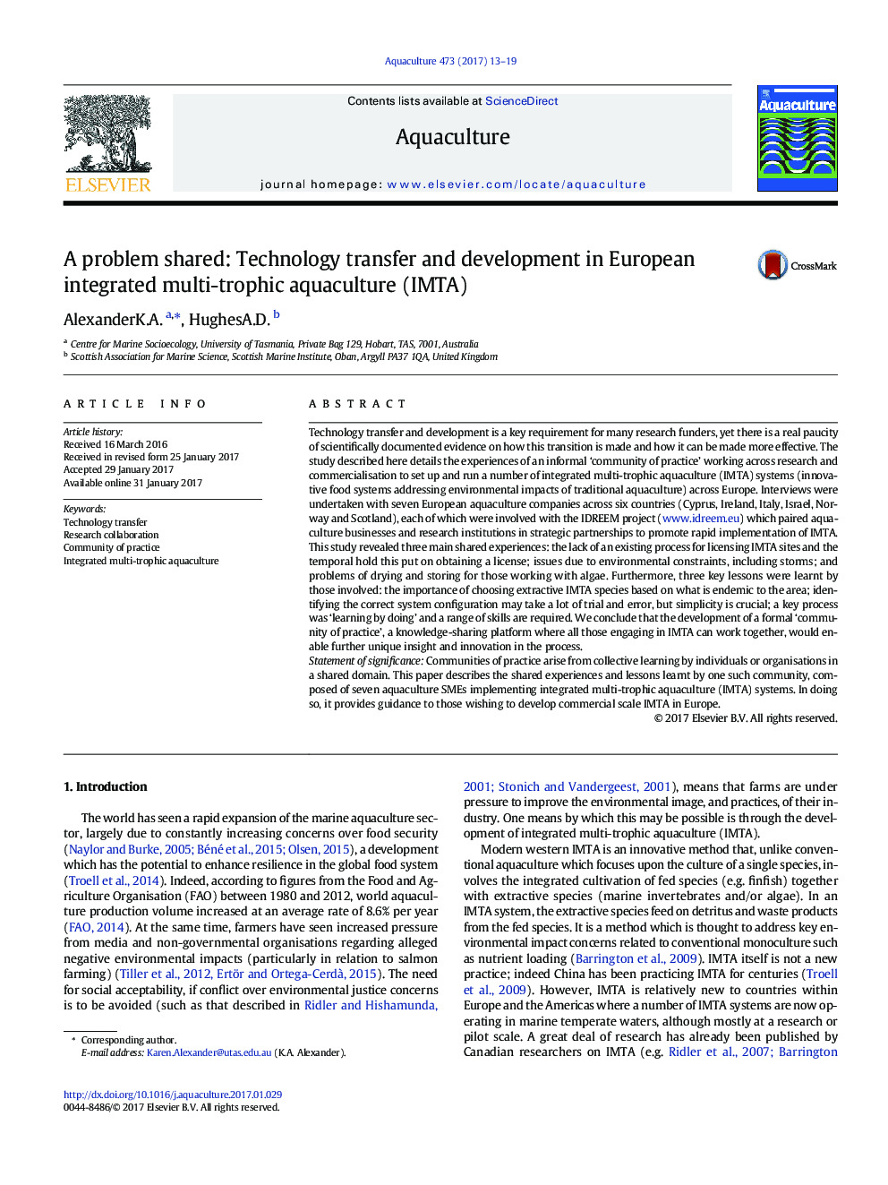 A problem shared: Technology transfer and development in European integrated multi-trophic aquaculture (IMTA)