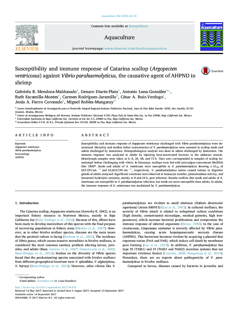 Susceptibility and immune response of Catarina scallop (Argopecten ventricosus) against Vibrio parahaemolyticus, the causative agent of AHPND in shrimp