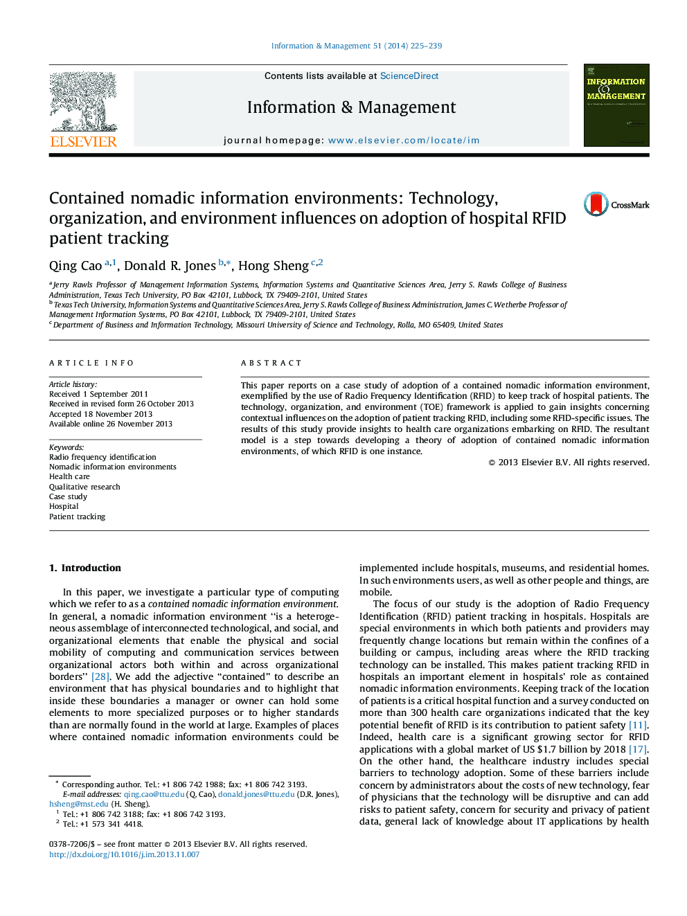 Contained nomadic information environments: Technology, organization, and environment influences on adoption of hospital RFID patient tracking