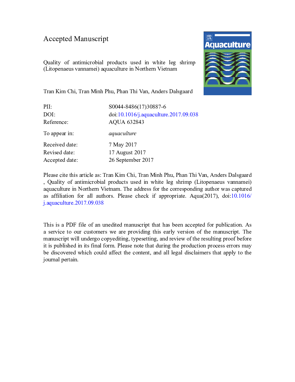 Quality of antimicrobial products used in white leg shrimp (Litopenaeus vannamei) aquaculture in Northern Vietnam