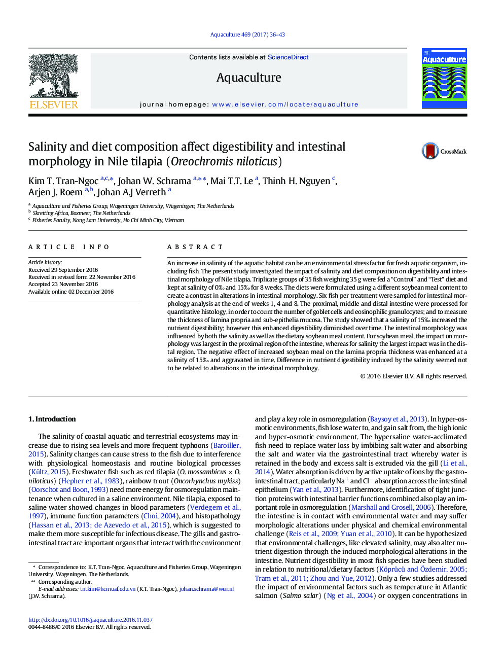 Salinity and diet composition affect digestibility and intestinal morphology in Nile tilapia (Oreochromis niloticus)
