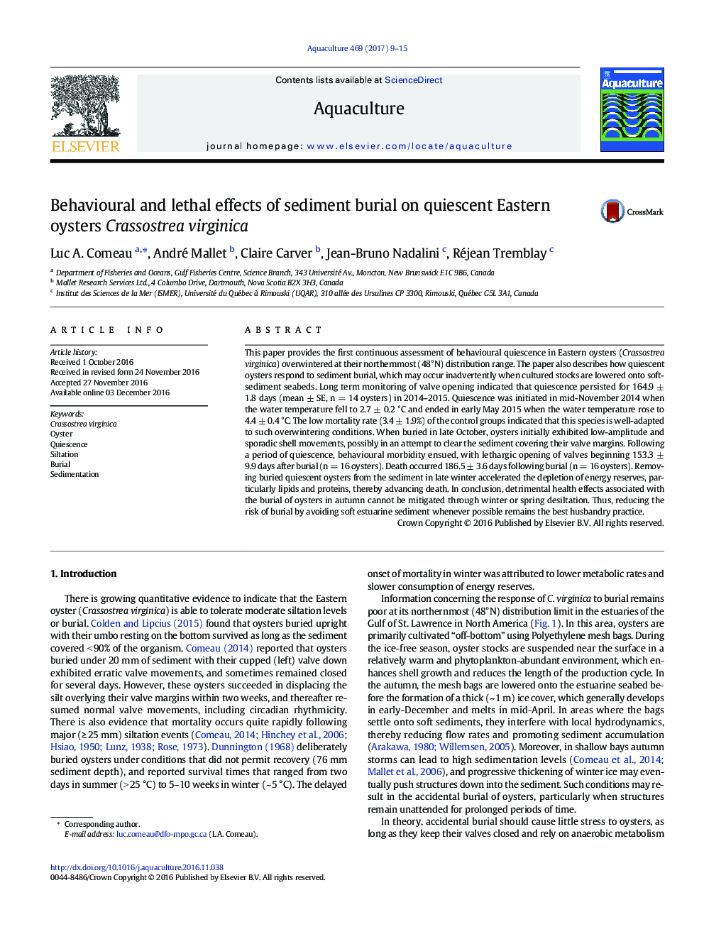 Behavioural and lethal effects of sediment burial on quiescent Eastern oysters Crassostrea virginica